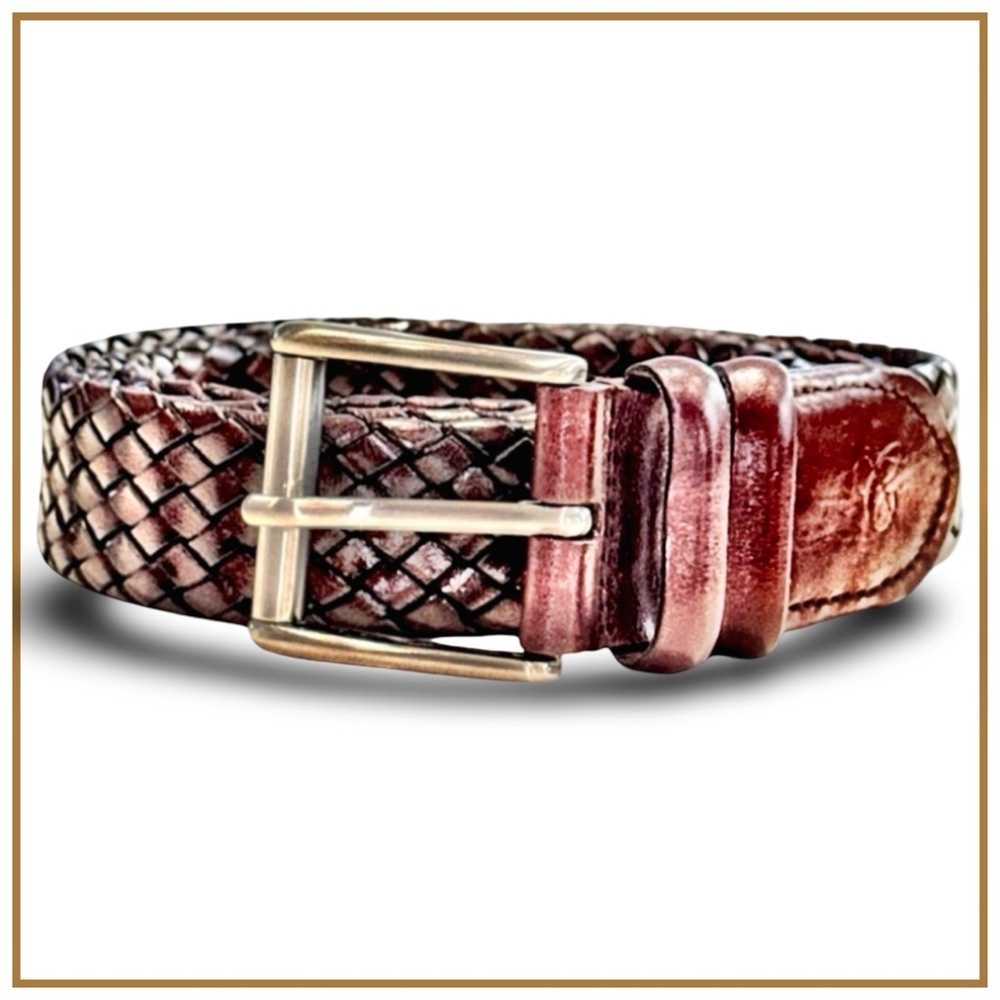 Canali Men’s Tubular Braided Leather Belt. Mud. 51”